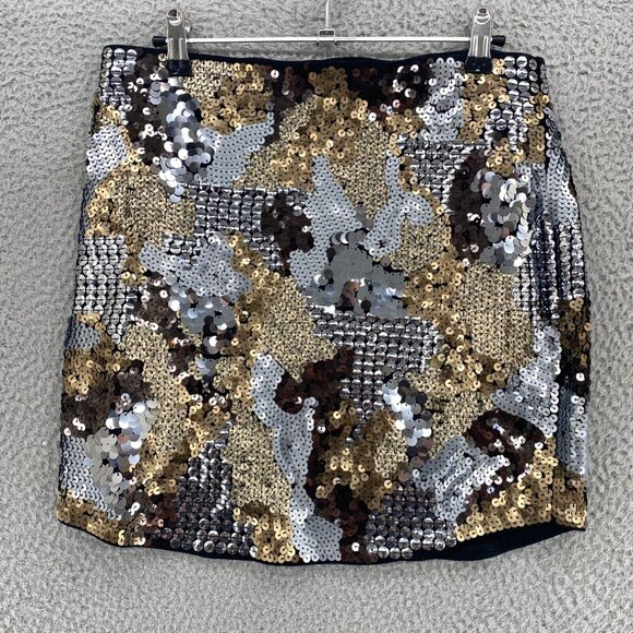 Express Skirt Womens Small Gold Silver Sequin Mini Pencil Stretch Pull On Party - Picture 1 of 9